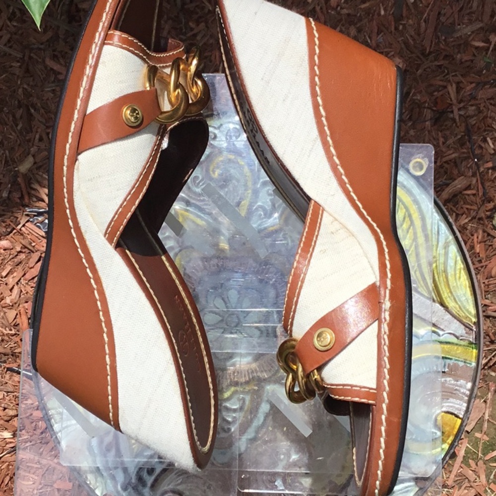 Cole Haan Kina Wedges Natural Linen/Brown leather Sandals - Picture 11 of 15